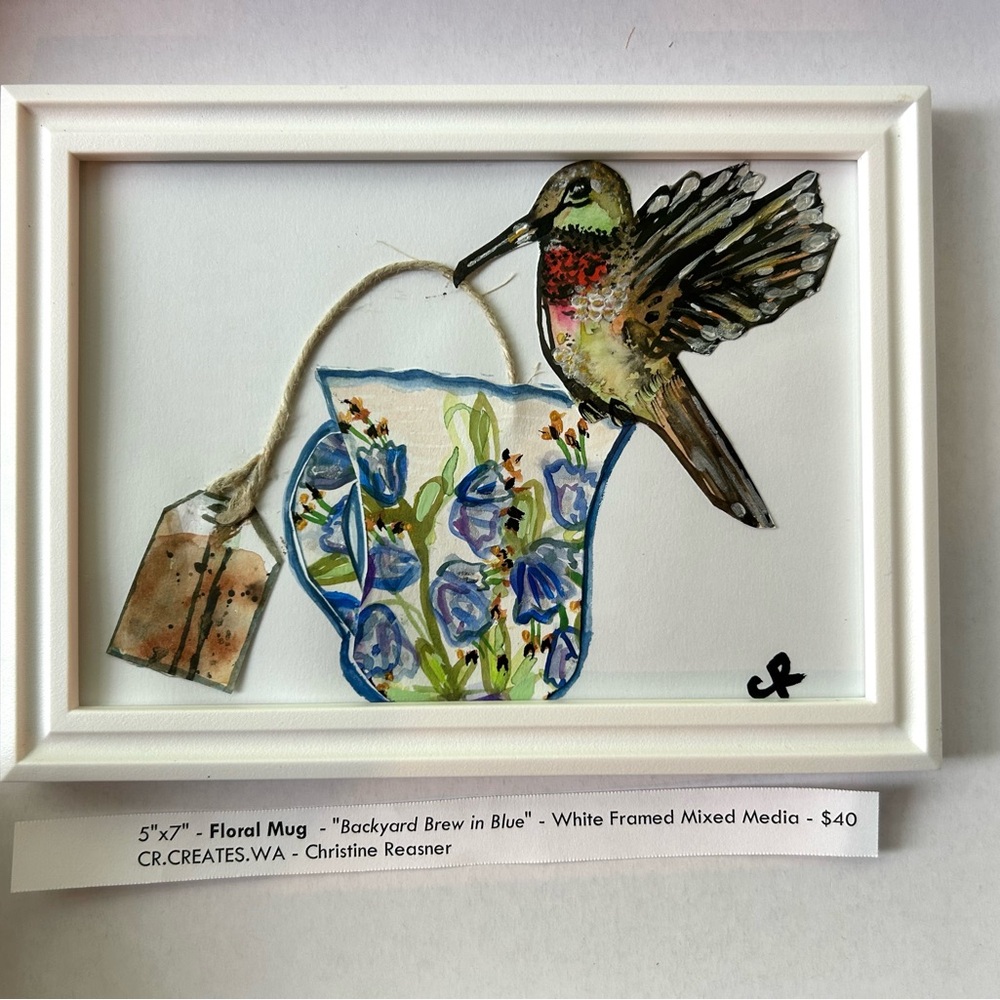 Floral Mug with Hummingbird Art